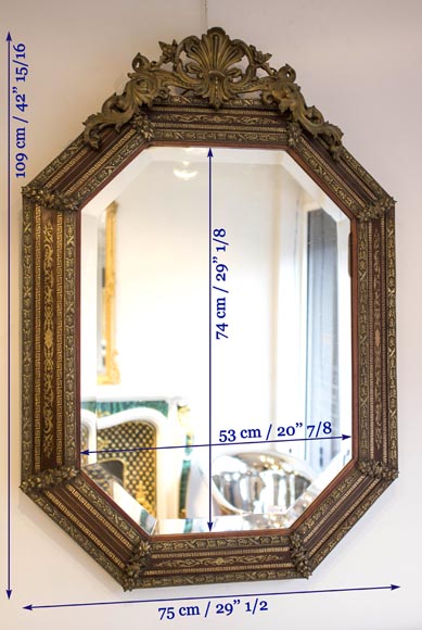 Красивое восьмиугольное зеркало в стиле Наполеона III: фацетное зеркало, дерево, бронза и инкрустации из позолоченной латуни.-5