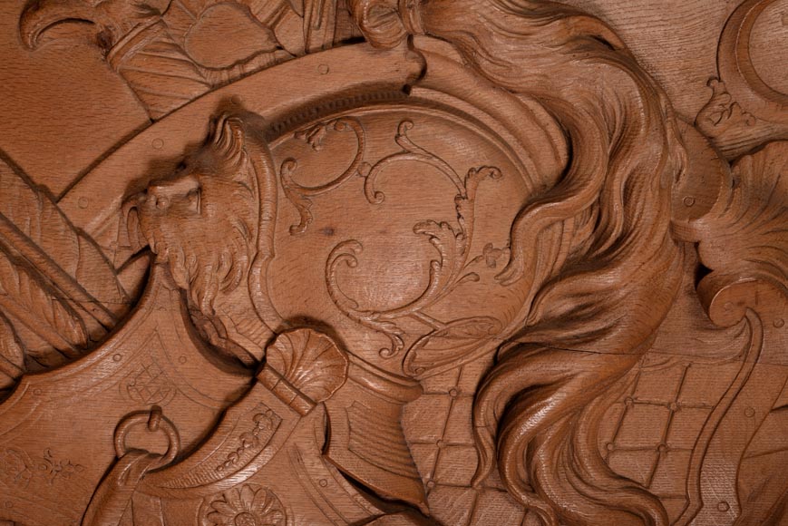 Деревянная панель из скульптурного дуба, украшенная трофейным оружием, 19 век.-2