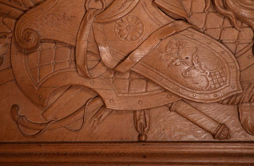 Деревянная панель из скульптурного дуба, украшенная трофейным оружием, 19 век.-5