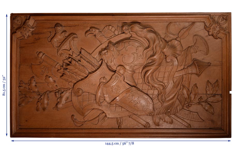 Деревянная панель из скульптурного дуба, украшенная трофейным оружием, 19 век.-7