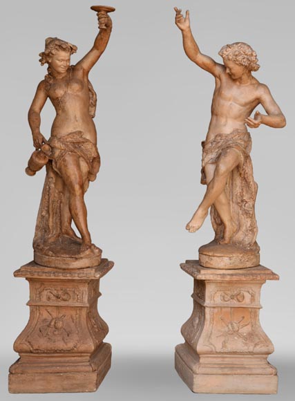 «Девушка и юноша, восславляющие бога Диониса», великолепная пара скульптур из терракоты, работы скульптора из окружения Жана-Батиста Карпо, около 1880 года.-0