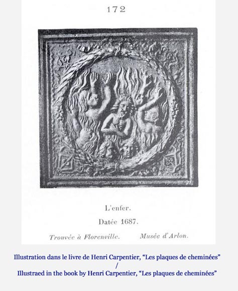 Старинная каминная плита, украшенная сценой, представляющей Проклятых горящих в Аду.-8