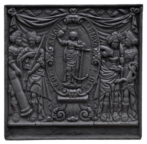 Старинная каминная плита, украшенная янсенистской сценкой, 18 век.-0