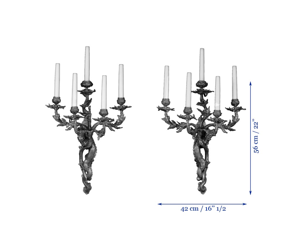 ''Драконы'' Редкая пара настенных светильников в японском стиле позолоченная бронза-3