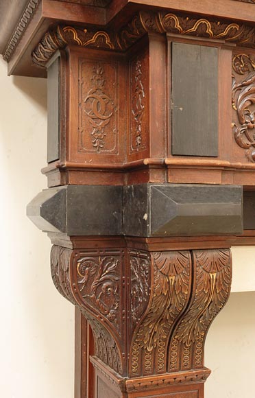 Старинный камин из орехового дерева в стиле нео-ренессанс с гербовым орнаментом Дианы де Пуатье.-4