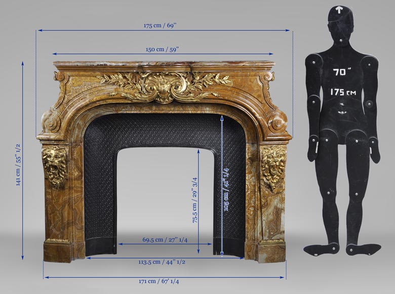 Extraordinary antique Louis XIV style fireplace with lions heads in Alabastro di Busca and gilded bronze_ru