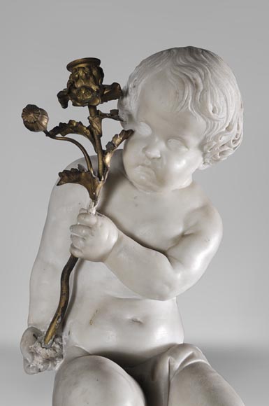 Великолепный старинный камин конца 18 века, изготовленный из скульптурного мрамора и мрамора брокатель, украшенный ангелочком.-13