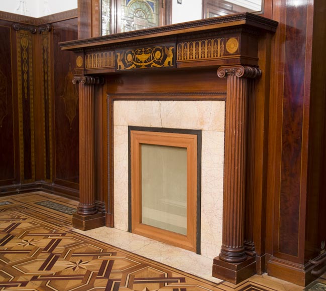 Великолепная деревянная обшивка комнаты в стиле Регентства, украшенная маркетри из красного дерева с камином, Франция 19 век.-5