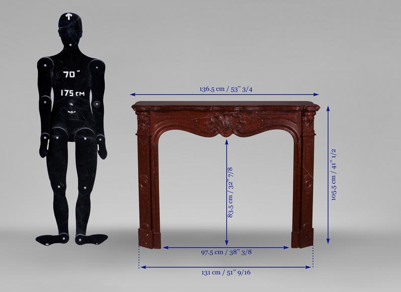 Старинный камин в стиле Людовика XV с тремя раковинами, изготовленный из мрамора красный Гриотт.-9